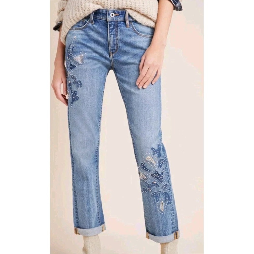 Pilcro Light Wash Cropped Jeans with Blue Embroidered Butterflies